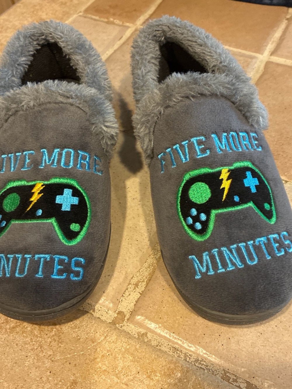 Kids Gray 'Five More Minutes' Gamer Slippers